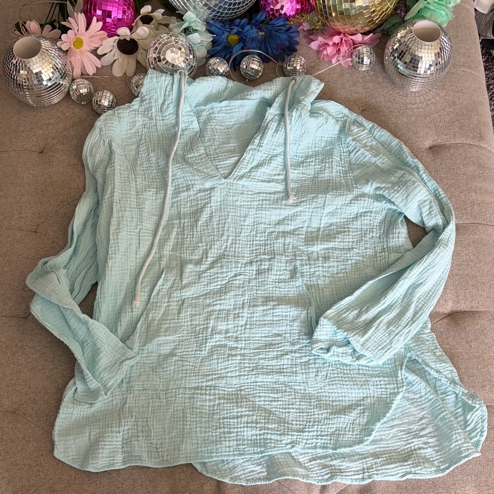 Light Blue Hooded Gauze Tunic Top